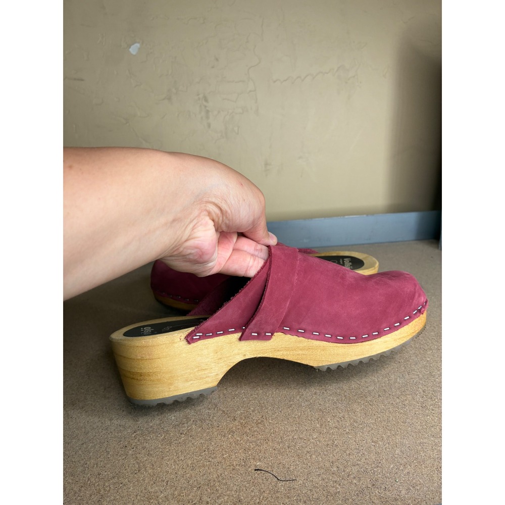 Vollsjo Swedish Design Magenta Pink Nubuck Leather Wooden Clogs Mules Size 38 - Picture 5 of 11